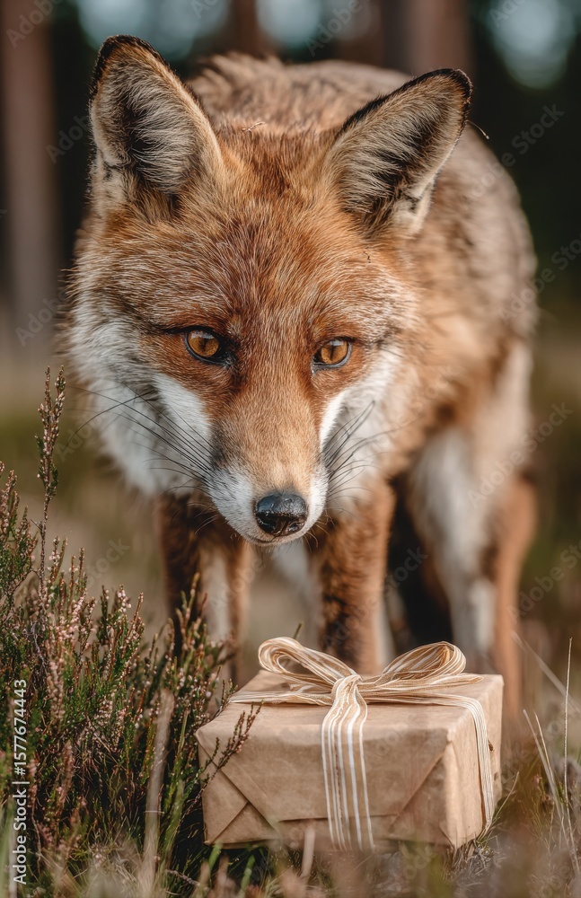 Fototapeta premium Curious red fox examining wrapped gift in forest