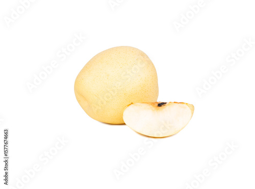 Vibrant Asian pear, elegantly sliced to reveal its crisp, juicy interior and delicate seeds, sits against a pure white background. The fruits smooth, golden-yellow skin and refreshing texture evoke a 