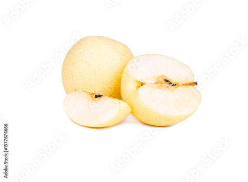 whole and sliced Asian pear (Nashi) displayed on a clean white background