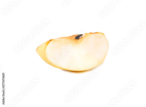 Close-up of a single fresh pear slice with a visible seed, isolated on a clean white background. Perfect for illustrating concepts of healthy eating, fruits, organic products, or culinary themes
