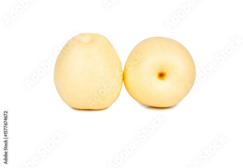 Two ripe Nashi pears, also known as Asian pears, displayed side by side on a pure white background