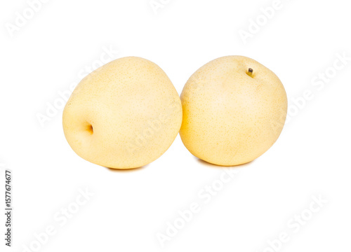 Two ripe Nashi pears, also known as Asian pears, displayed side by side on a pure white background