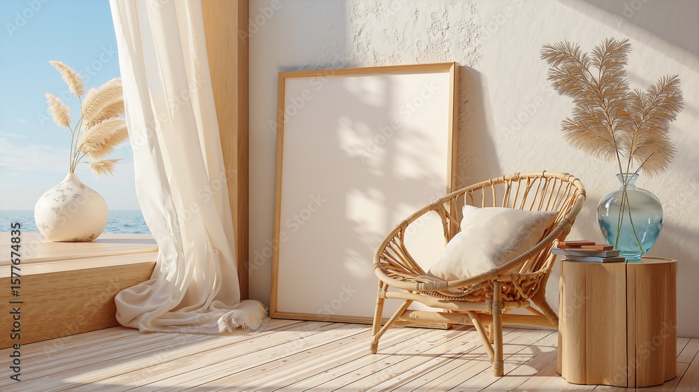 Obraz premium Coastal Minimalist Interior with Blank White Canvas, Rattan Peacock Chair, Sea Glass Vase, and Billowing Curtains in Soft Morning Light for a Refreshing Beachside Aesthetic