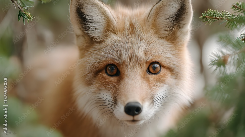 Fototapeta premium Close-Up Portrait of a Curious Red Fox Surrounded by Greenery in a Natural Habitat