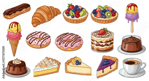 Illustration of various desserts including pastries tarts and other sweets
