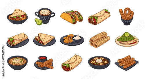 Illustration of various mexican dishes including tacos burritos and churros set