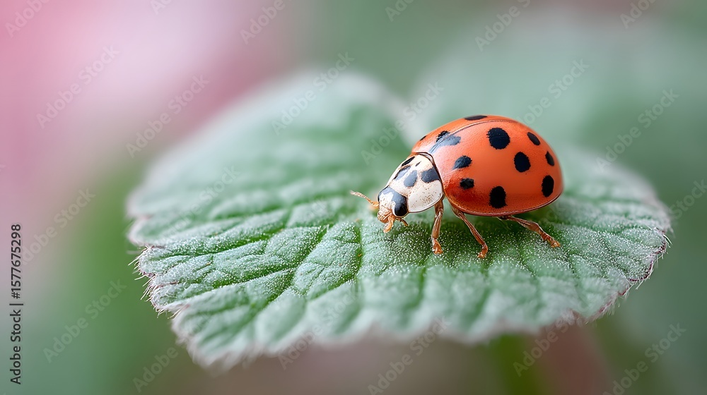 Fototapeta premium Close-Up of a Vibrant Ladybug Sitting on a Green Leaf with Soft Background Blur Effects