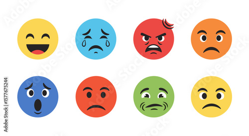 Collection of colorful egg shaped emoticons showing different facial expressions