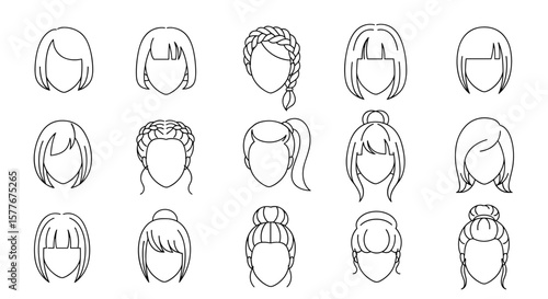Outline drawings showing various women's hairstyles and hair arrangements styles