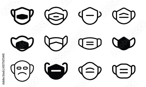 Collection of various minimalistic iconographic illustrations of protective face masks for healthcare and safety
