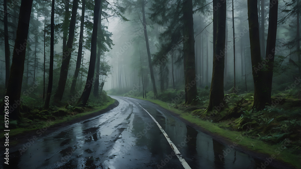 Naklejka premium Misty forest road in the rain, with raindrops on leaves, puddles on the road, and low-hanging fog blending with tree trunks. Natural light, cinematic feel, moody tones. No man-made objects.