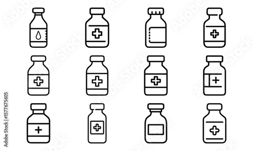 Collection of vaccination bottle icons featuring medical healthcare supplies and pharmaceutical concepts