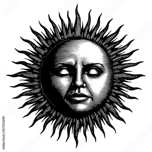Sun with a Human Face black and white engraved style