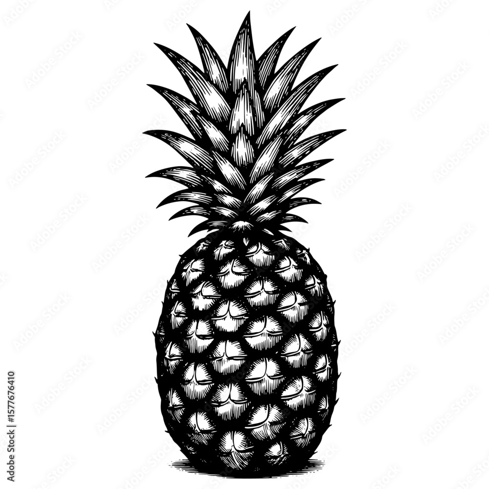 Obraz premium Pineapple in woodcut style, black and white,tropical fruit