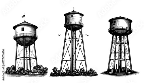 Water towers in etching style, in black and white, representing rural infrastructure.