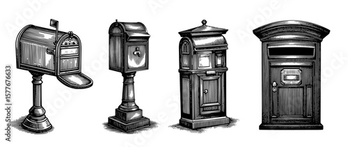 Vintage mailbox illustrations in a woodcut style in black and white