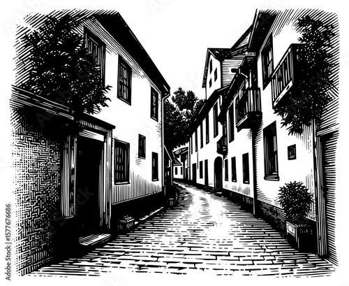 Narrow cobblestone street in a woodblock print style, black and white, representing historical European cities and travel.