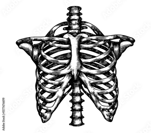 Human ribcage in a vintage anatomical illustration style, black and white, for medical and scientific concepts