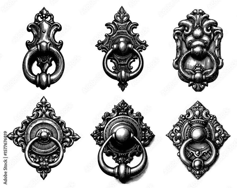 Naklejka premium Ornate door knockers in rococo style, black and white