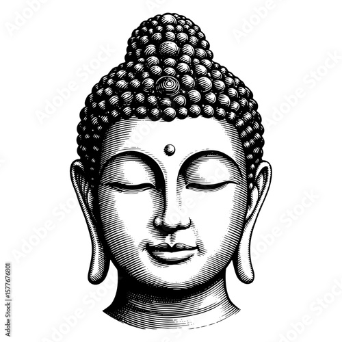 Buddha in a woodcut style, black and white illustration