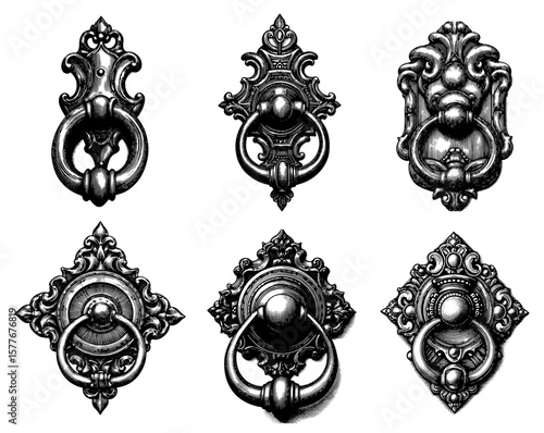 Ornate door knockers in rococo style, black and white