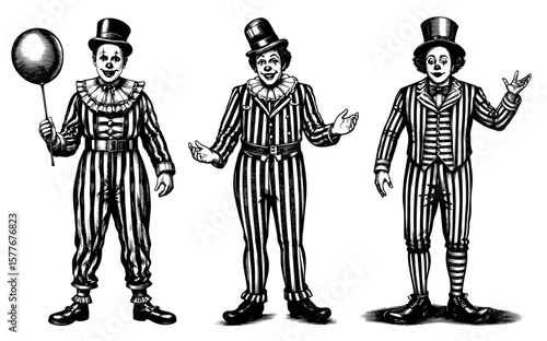 Vintage clowns in striped outfits holding a balloon in a woodblock print style.