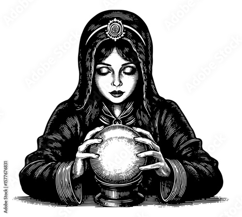 Woman seer  gazing into a crystal ball in a woodcut style illustration.