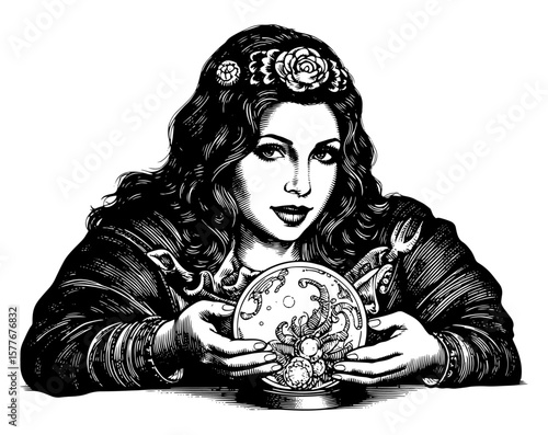 A fortune teller wearing a flower crown gazes into a detailed crystal ball in a woodcut.