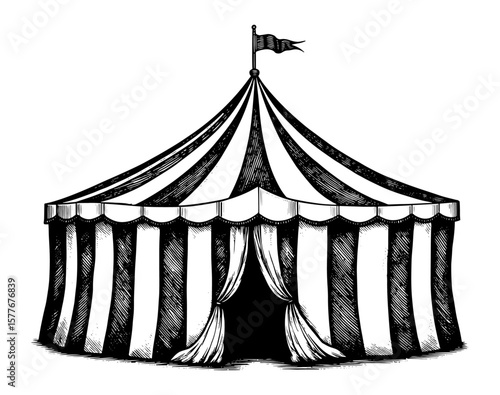 Vintage circus tent in black and white woodcut style
