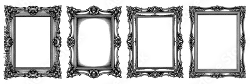 Rectangular rococo style picture frames in black and white line art, for decorative use