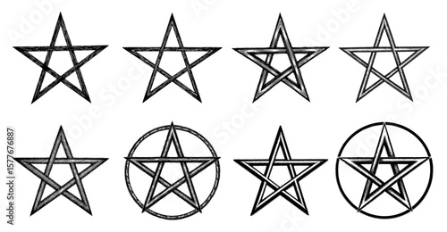 Pentagram variations in a woodcut style, in black and white, representing occult and esoteric symbolism