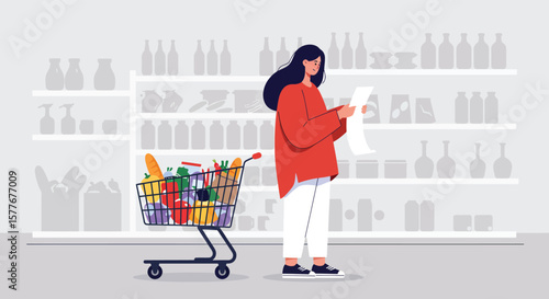A woman checks her shopping list while walking with a full grocery cart in a supermarket aisle, surrounded by shelves stocked with various products