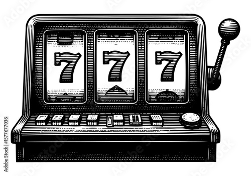 Slot machine jackpot in a detailed woodcut style, black and white, for concepts of luck and gambling