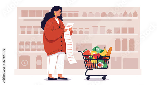 A woman checks her shopping list while walking with a full grocery cart in a supermarket aisle, surrounded by shelves stocked with various products