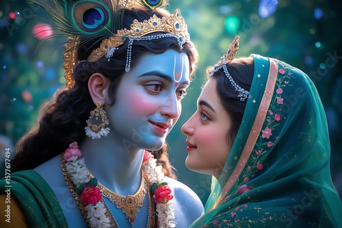 Divine embrace of lord krishna and radha in a lush garden with soft bokeh lights and peacock feathers