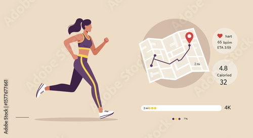 A woman is running while tracking her heart rate, distance, and estimated time of arrival on a digital dashboard