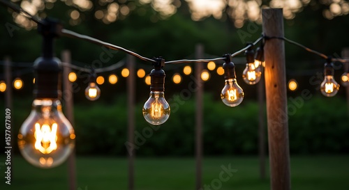 String of illuminated Edison-style light bulbs hanging outdoors, creating a warm and inviting atmosphere in a garden setting.