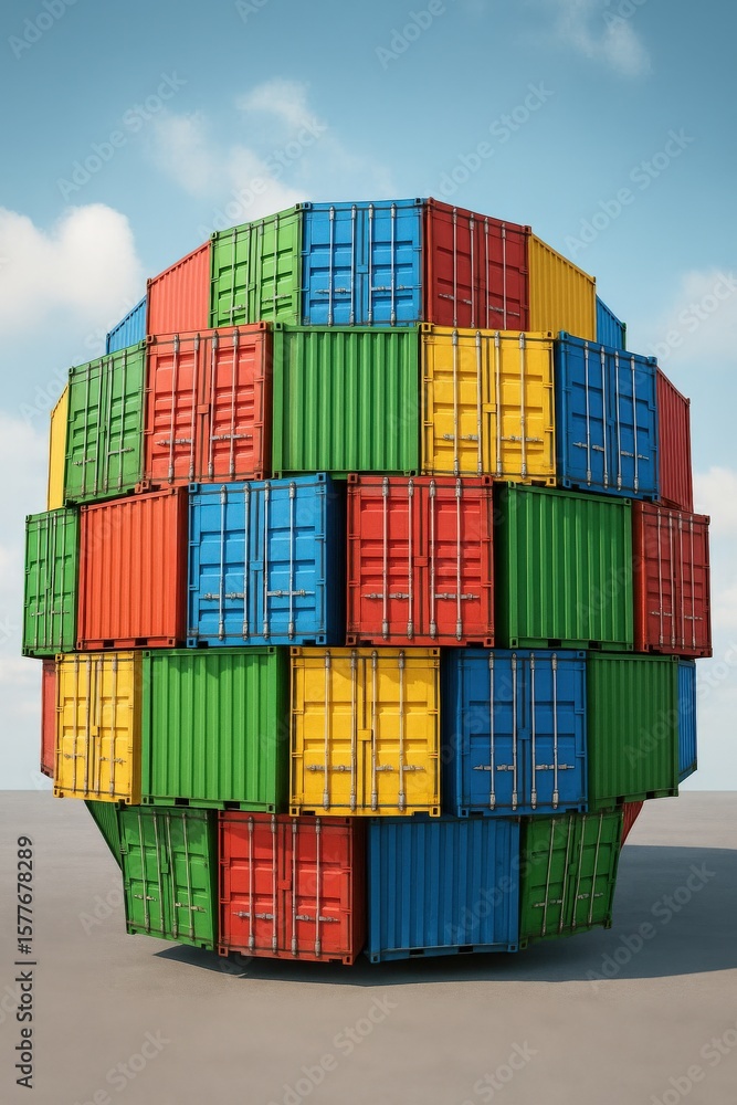 Fototapeta premium free trade agreement concept. Colorful stacked shipping containers in a spherical arrangement.