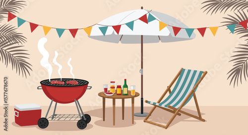 A backyard barbecue scene with a grill, umbrella, table with drinks, and a beach chair creates a relaxing summer party atmosphere