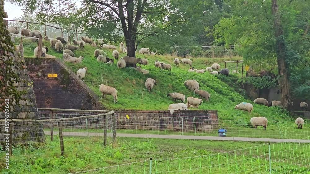 view of a herd of sheep grazing and a guard dog at Citadel of Lille( The Parc de la Citadelle) - Lille, France