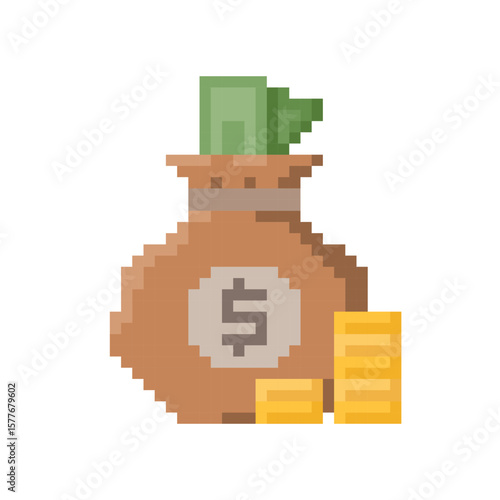 Money bag with banknote and coins flat icon vector. Pixel 8bit style