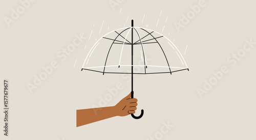 A hand holds a transparent umbrella in the rain, depicted in a minimalist, modern drawing style