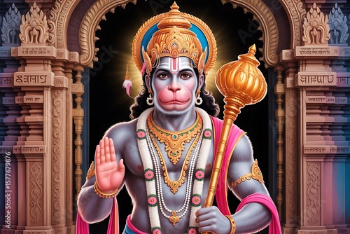 Lord hanuman the devoted hindu deity stands majestically in a temple adorned with intricate carvings and holding his golden mace a symbol of strength and power