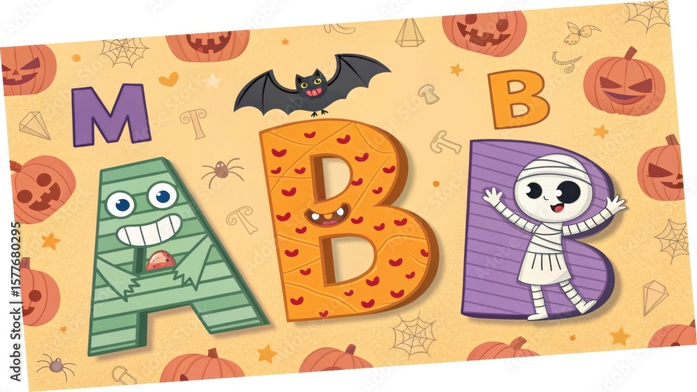 Fototapeta premium Cute halloween alphabet letters a b and m with monsters and bats