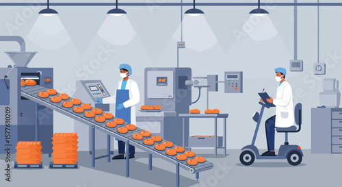 In a food production factory, workers oversee the conveyor belt carrying products, ensuring quality control and safety standards are met