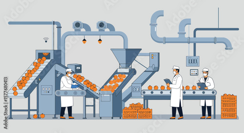 In a food production factory, workers oversee the conveyor belt carrying products, ensuring quality control and safety standards are met
