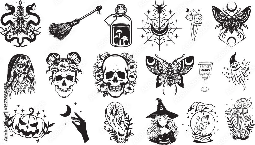 Fototapeta premium Mystical and Halloween themed black and white illustrations