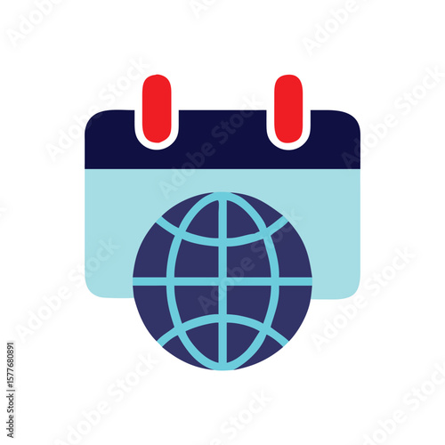 Calendar icon with globe in blue red light blue colors on world earth