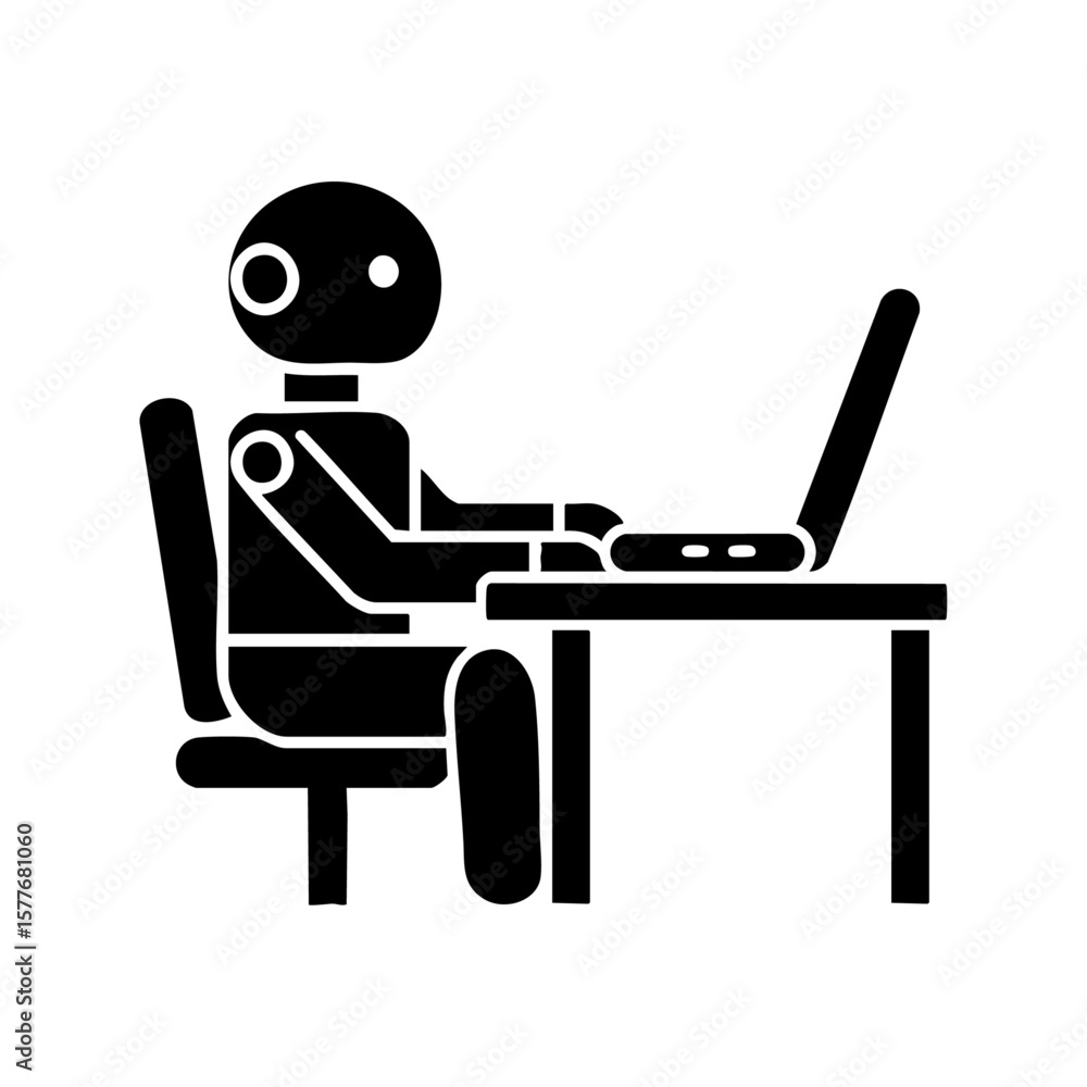 Robot using a laptop at a desk. ideal for technology, artificial intelligence, workplace, futuristic concepts in presentations, social media. Robot using a laptop at a desk. ideal for technology, artificial intelligence, workplace, futuristic concepts in presentations, social media.