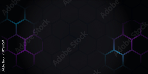Dark hexagon abstract technology background with blue and pink colored bright flashes under hexagon. Hexagonal gaming vector abstract tech background.